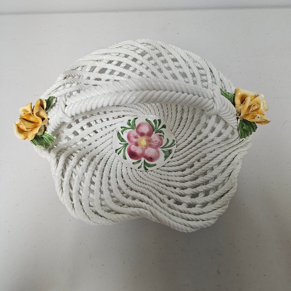 Vintage Capodimonte woven fine porcelain basket with roses made in Italy